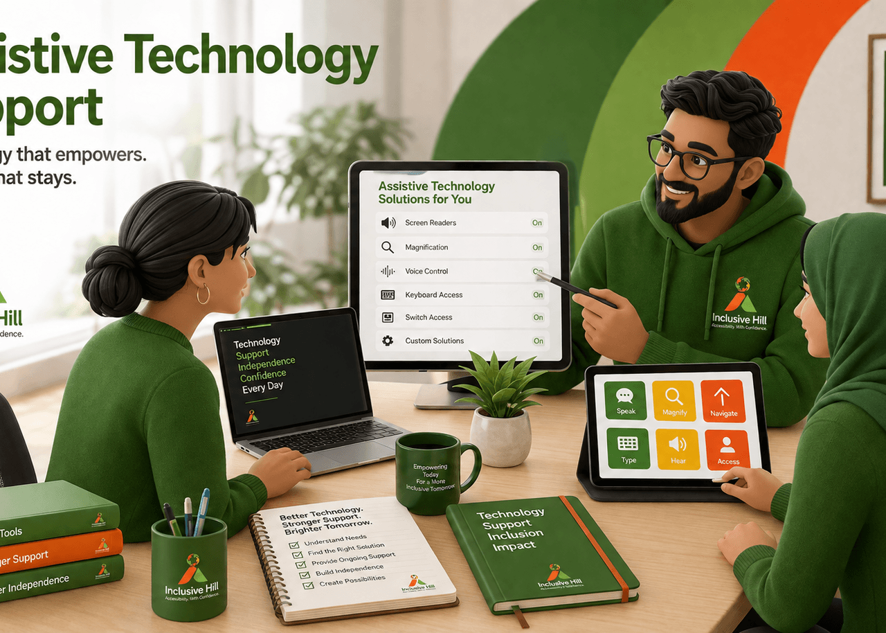 Specialist providing assistive technology support to help a user work independently with confidence.