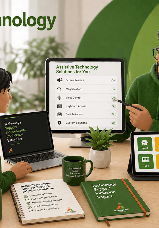 Specialist providing assistive technology support to help a user work independently with confidence.